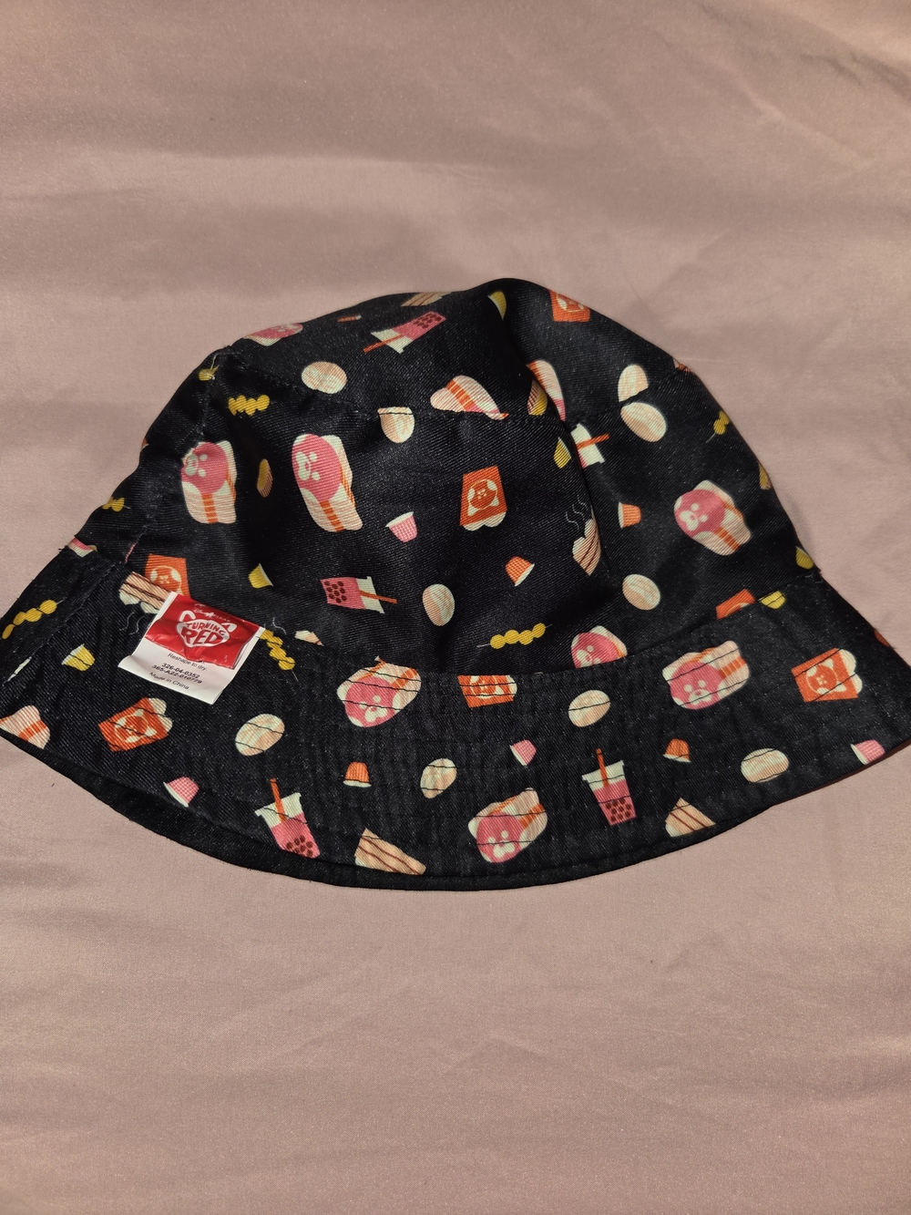 Kids Black Turning Red Snack-Print Bucket Hat with Pink & Orange Accents